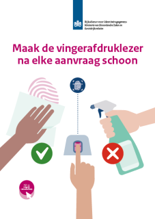 Poster vingerafdruklezer Samen scherp hand met doekje en schoonmaakmiddel en scanner